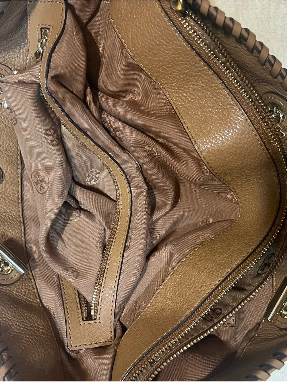 Tory Burch Tan Leather Chain-Handle Tote with Whipstitch Trim